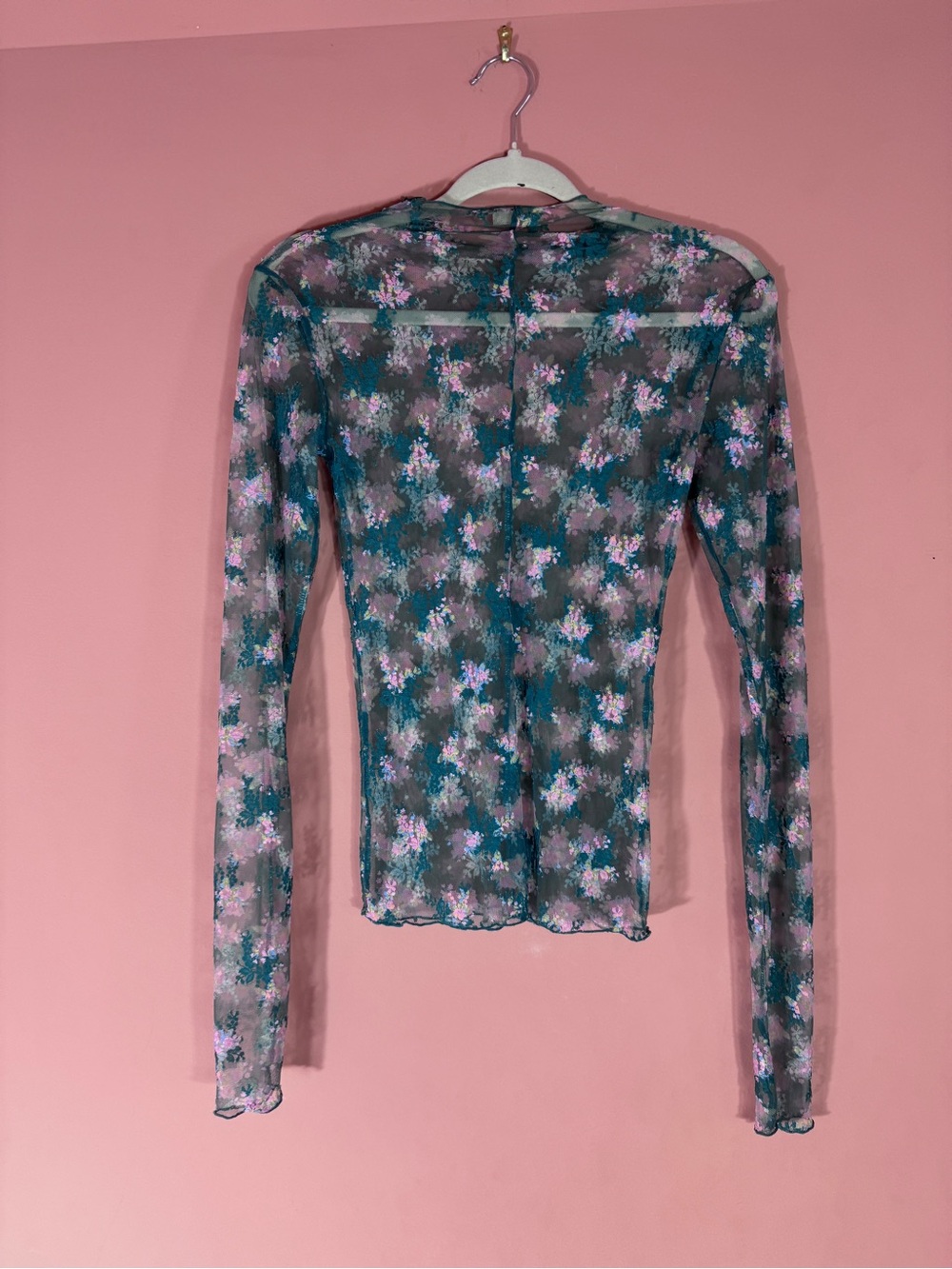 Free People Sheer/Mesh Long Sleeve Top with Teal, Blue & Pink, S/P